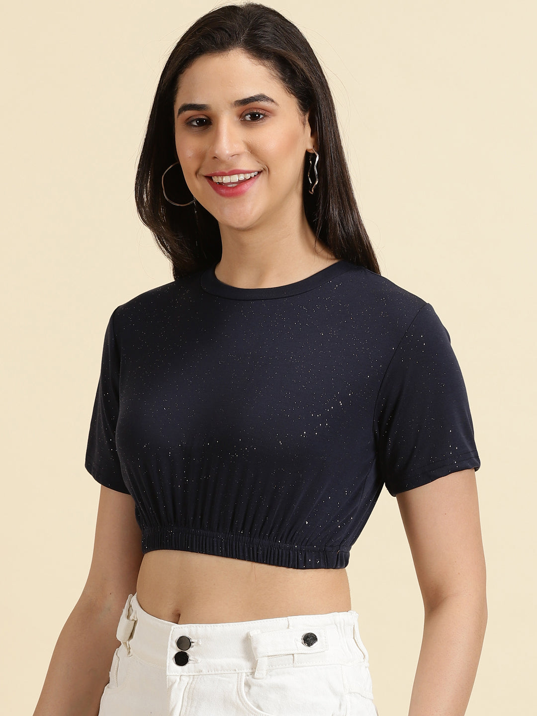 Women's Navy Blue Printed Cinched Waist Crop Top