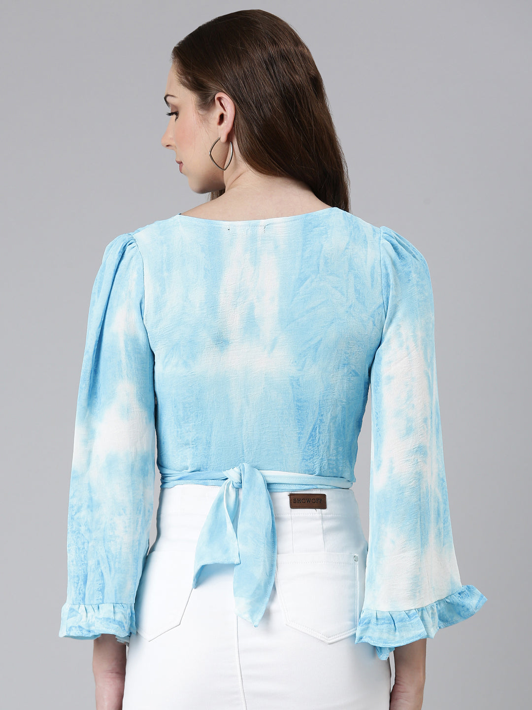 Women's Blue Tie & Dye Flared Sleeve Wrap Crop Top