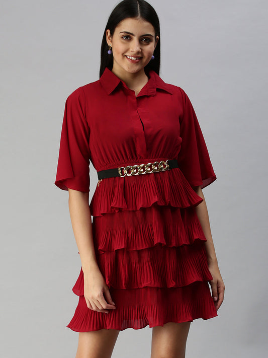 Women's Maroon Chiffon Fit and Flare Ruffled Dress