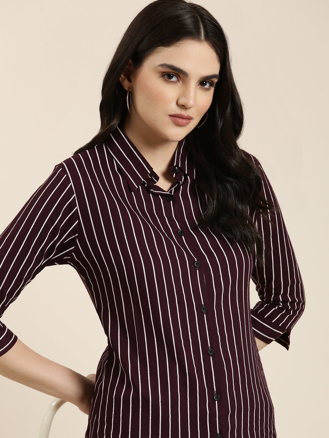 Women's Purple Classic Vertical Striped Cotton Slim Fit Casual Shirt
