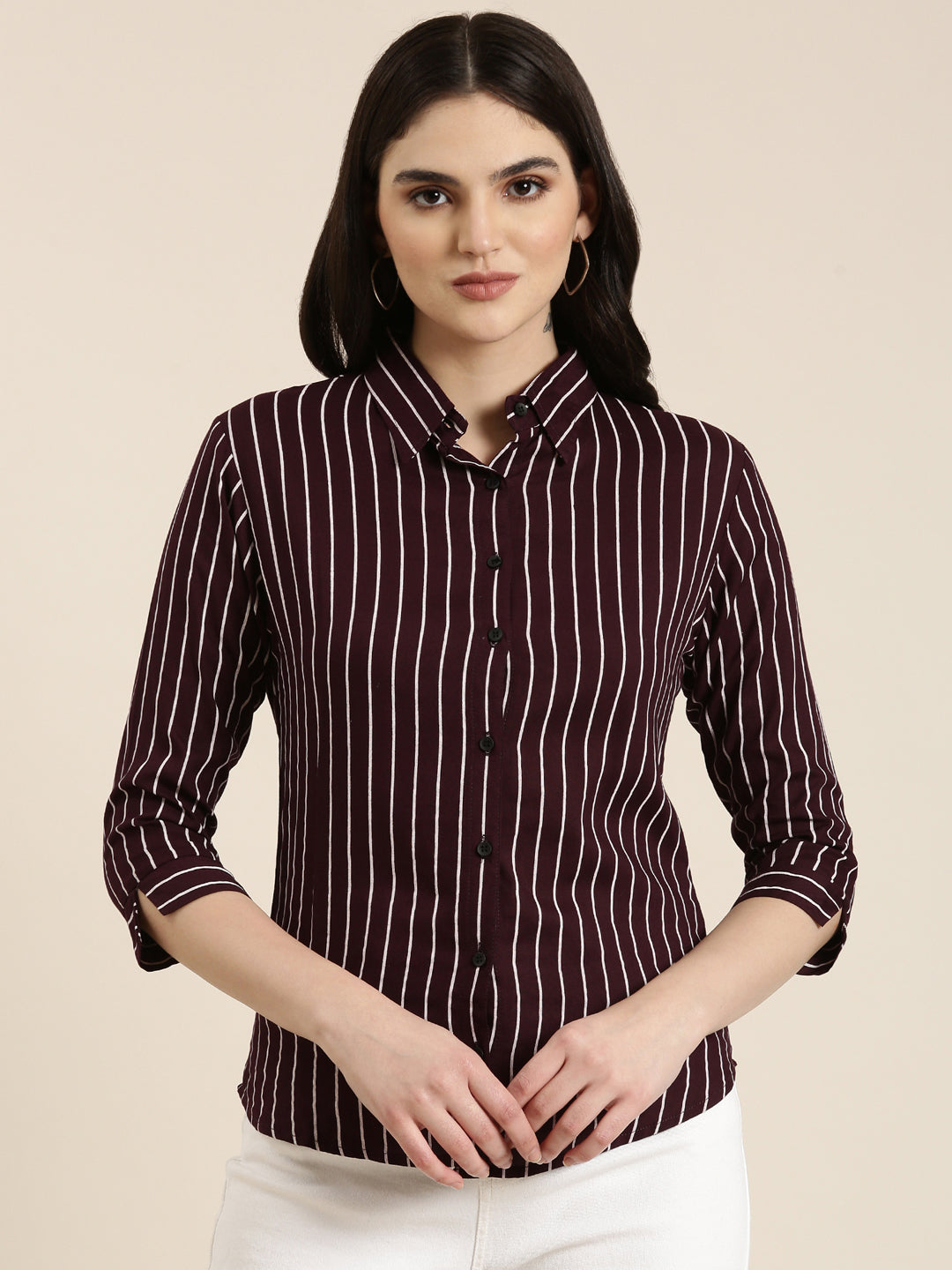 Women's Purple Classic Vertical Striped Cotton Slim Fit Casual Shirt