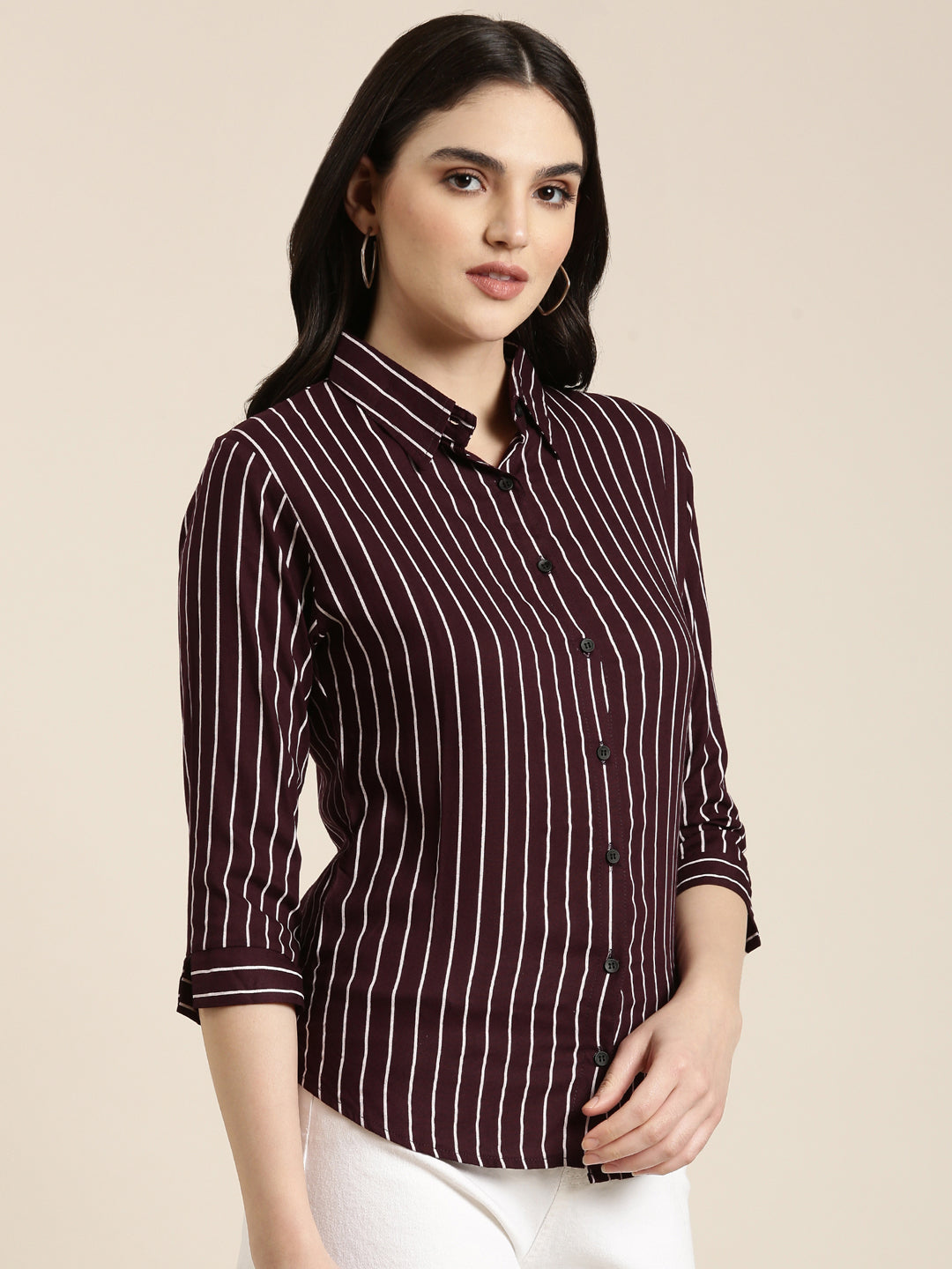 Women's Purple Classic Vertical Striped Cotton Slim Fit Casual Shirt