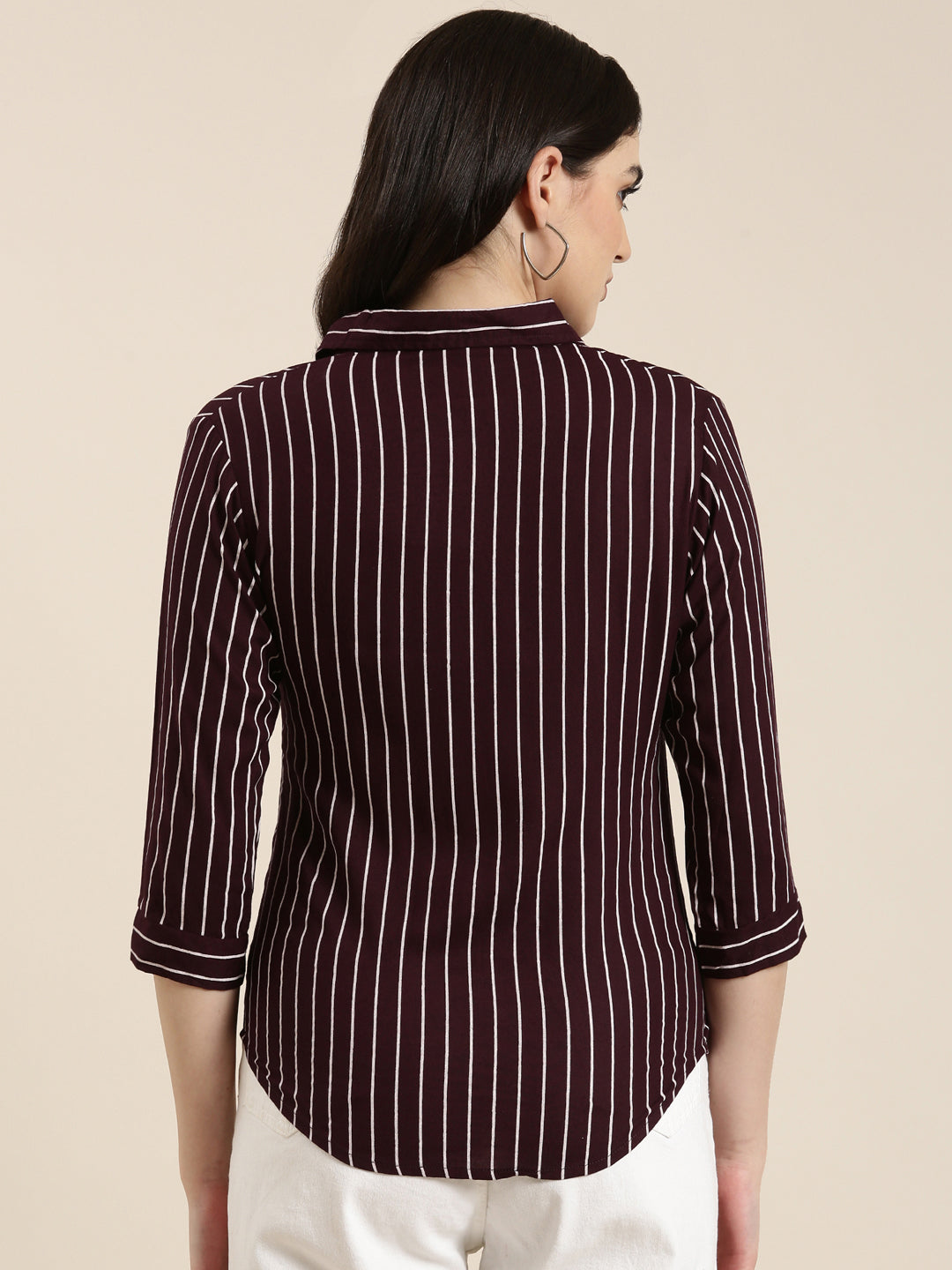 Women's Purple Classic Vertical Striped Cotton Slim Fit Casual Shirt
