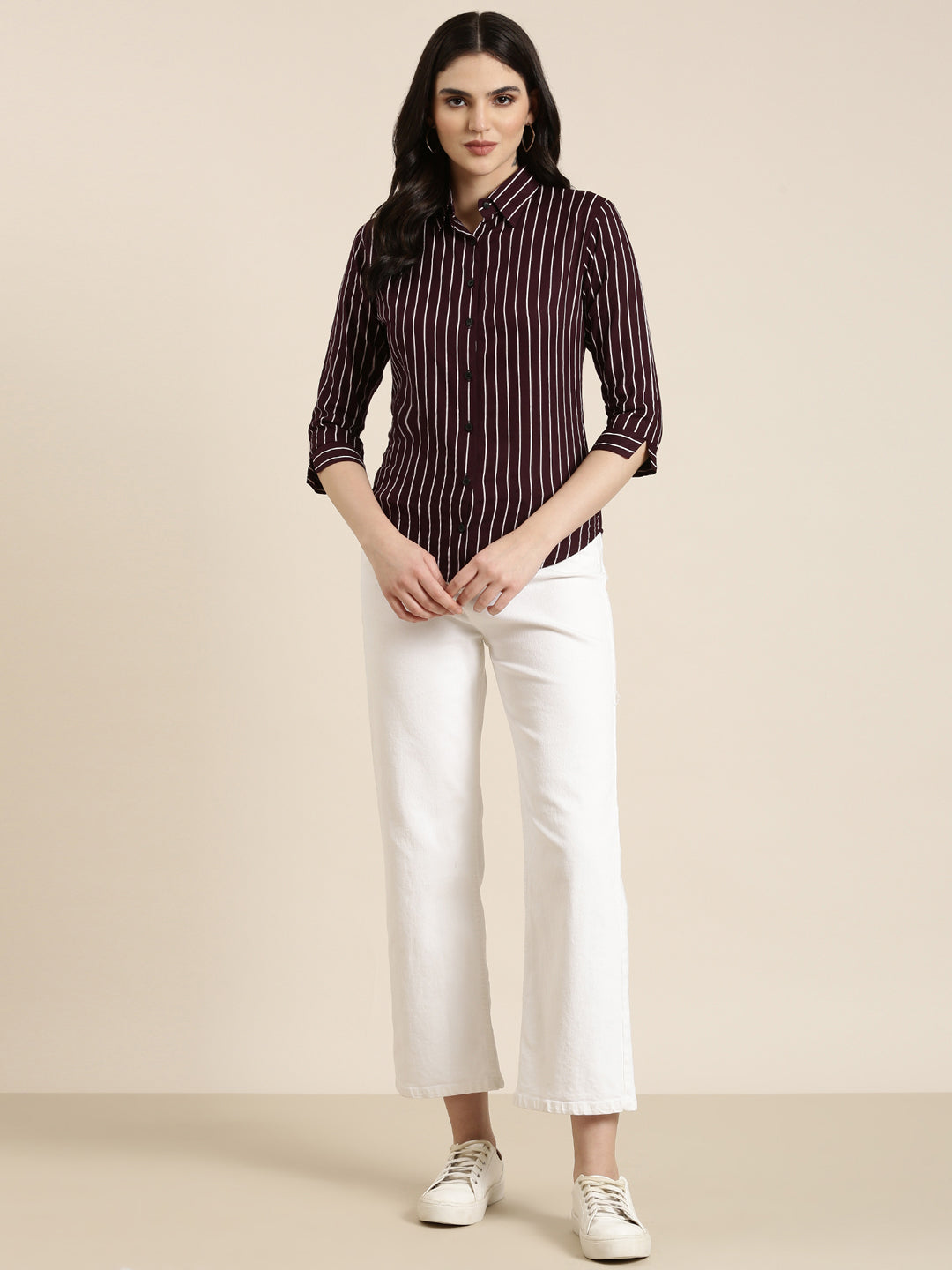 Women's Purple Classic Vertical Striped Cotton Slim Fit Casual Shirt