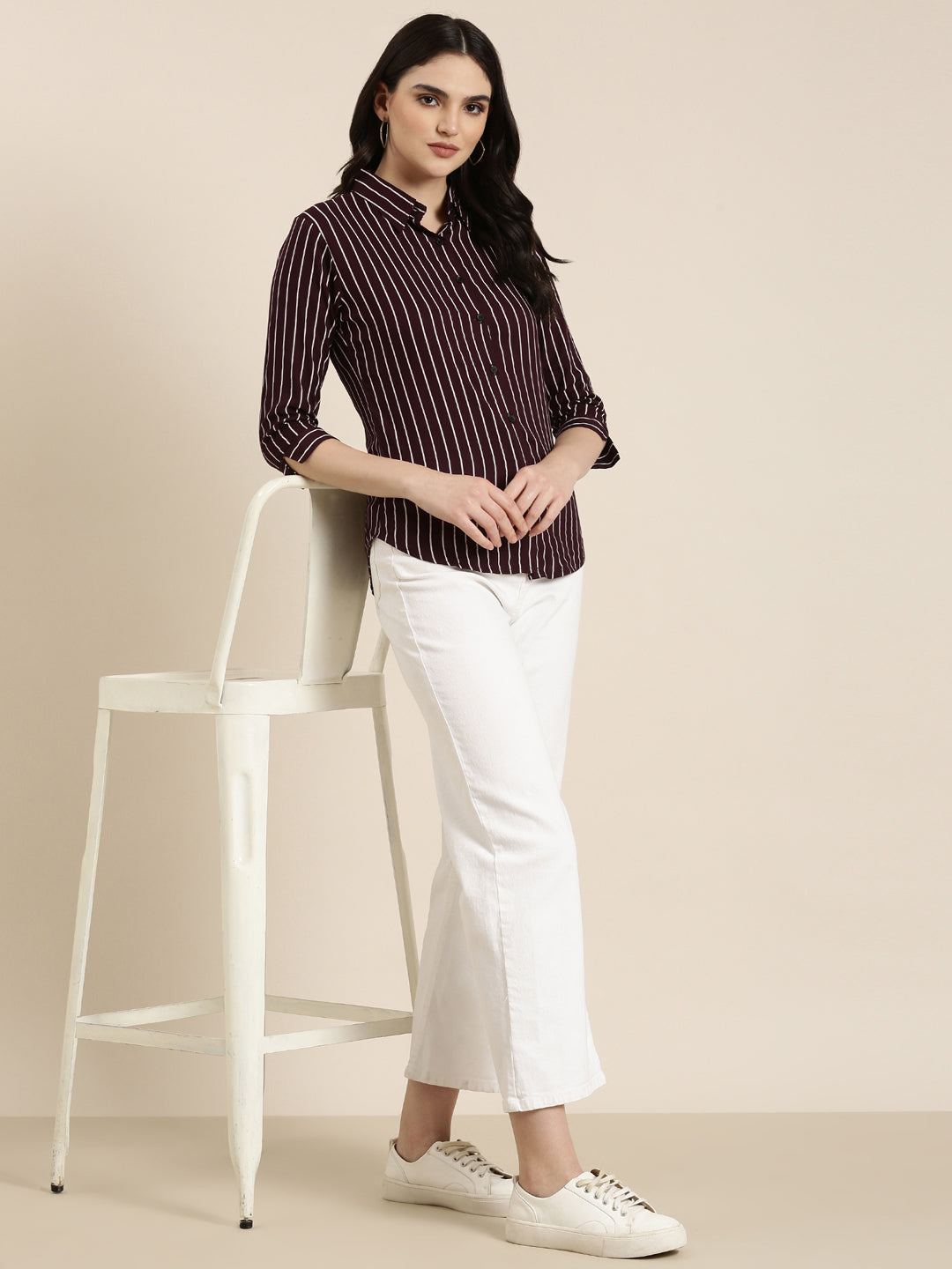 Women's Purple Classic Vertical Striped Cotton Slim Fit Casual Shirt