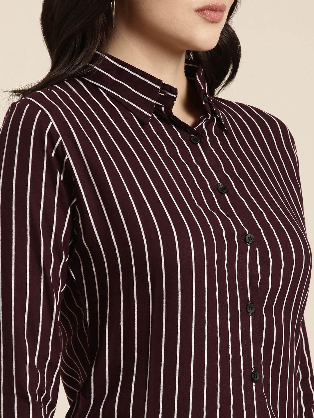Women's Purple Classic Vertical Striped Cotton Slim Fit Casual Shirt
