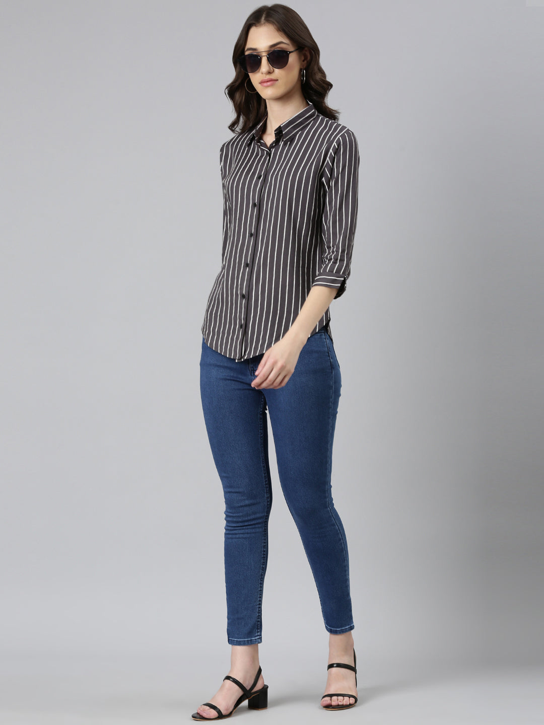 Women's Grey Standard Slim Fit Vertical Striped Casual Shirt