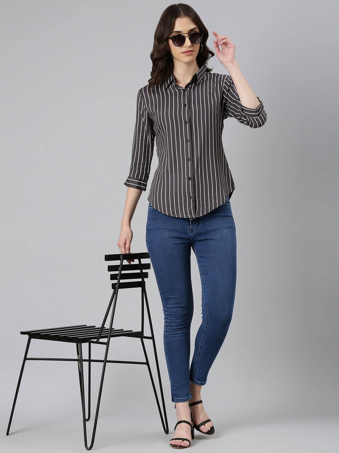 Women's Grey Standard Slim Fit Vertical Striped Casual Shirt