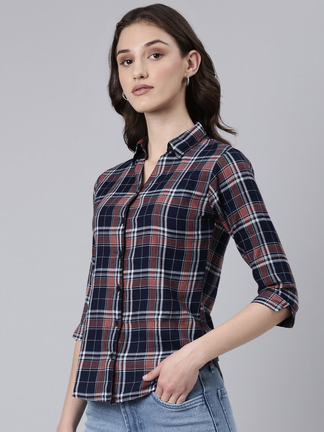 Women's Navy Blue Slim Fit Tartan Checks Spread Collar Twill Cotton Casual Shirt