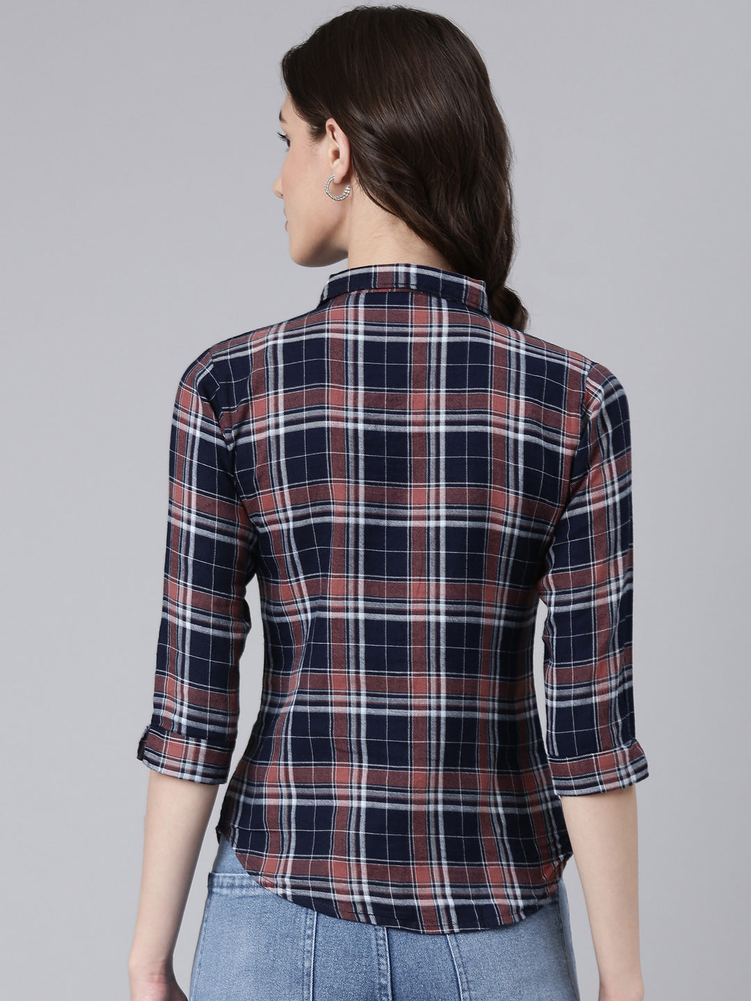 Women's Navy Blue Slim Fit Tartan Checks Spread Collar Twill Cotton Casual Shirt