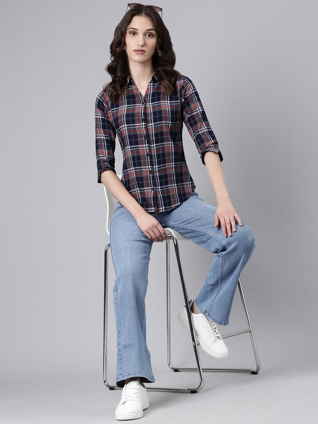 Women's Navy Blue Slim Fit Tartan Checks Spread Collar Twill Cotton Casual Shirt