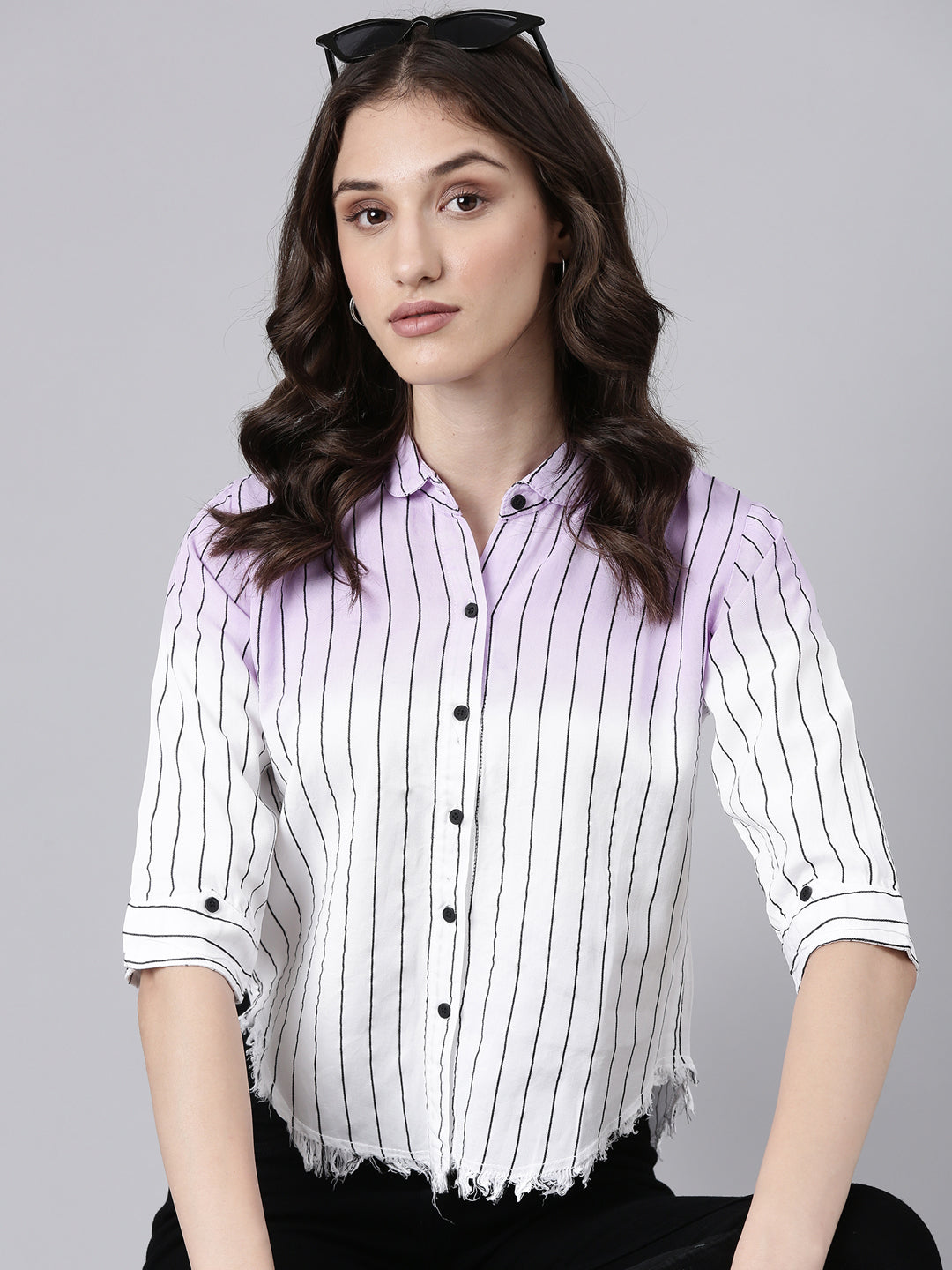 Women's Lavender Slim Fit Striped Cotton Casual Shirt