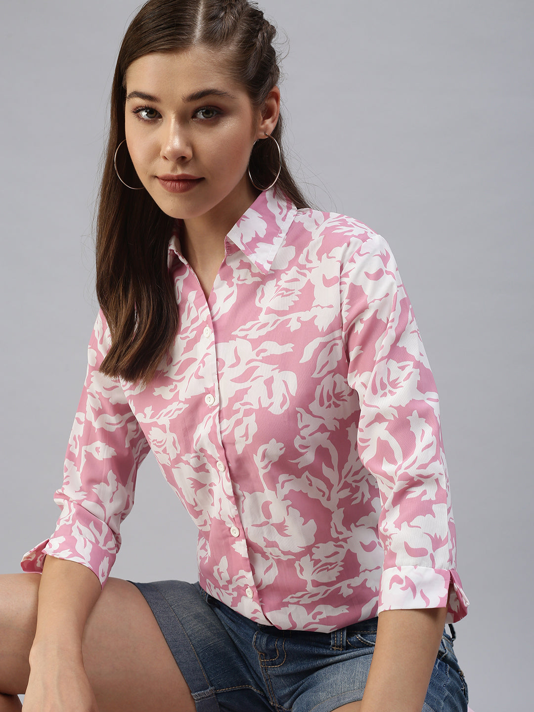 Women's Spread Collar Printed Pink Shirts