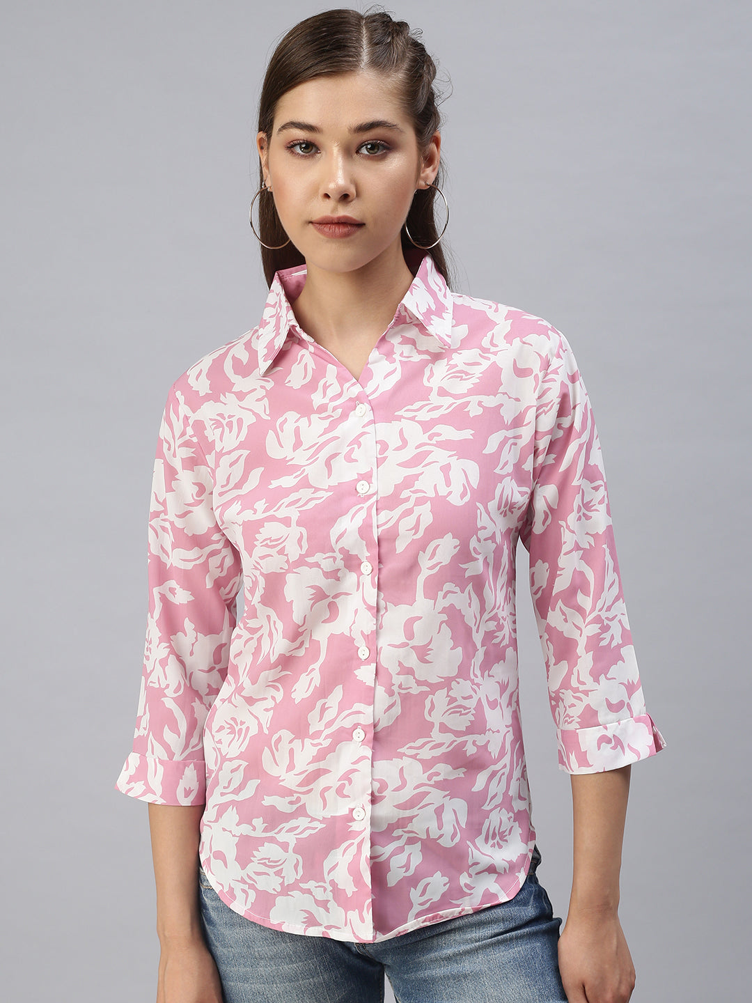 Women's Spread Collar Printed Pink Shirts