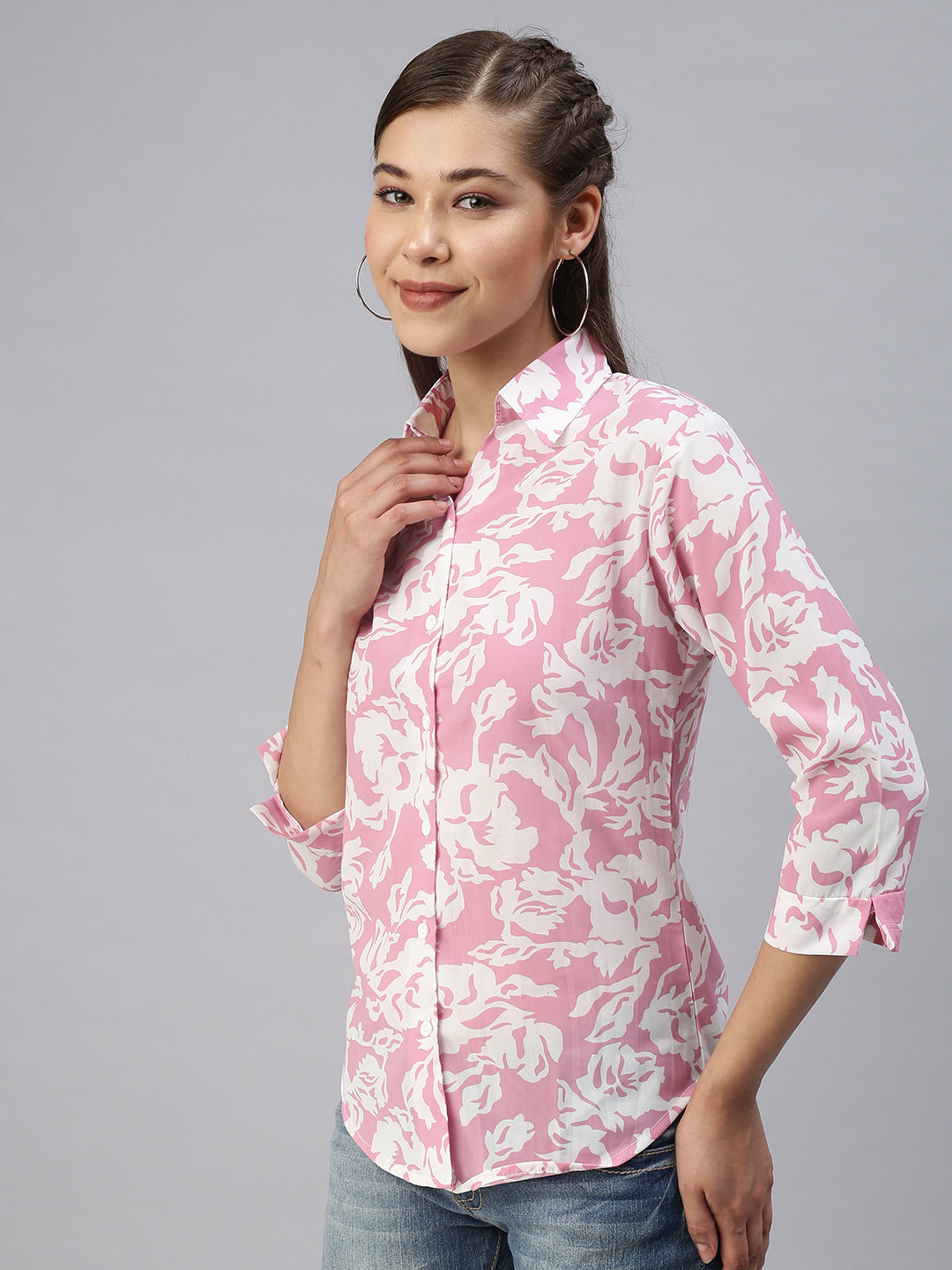 Women's Spread Collar Printed Pink Shirts