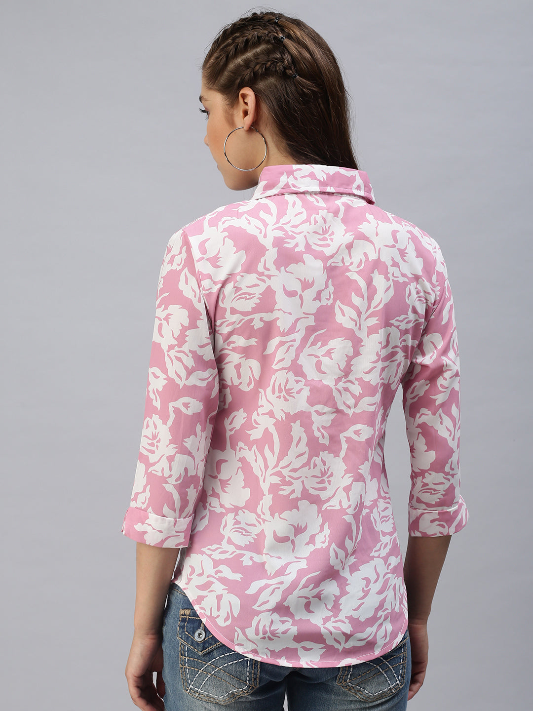 Women's Spread Collar Printed Pink Shirts