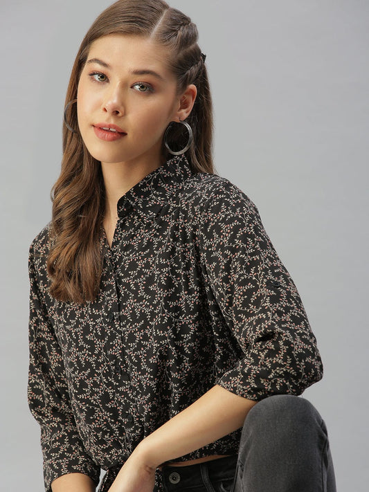 Women's Black Comfort Floral Printed Casual Shirt