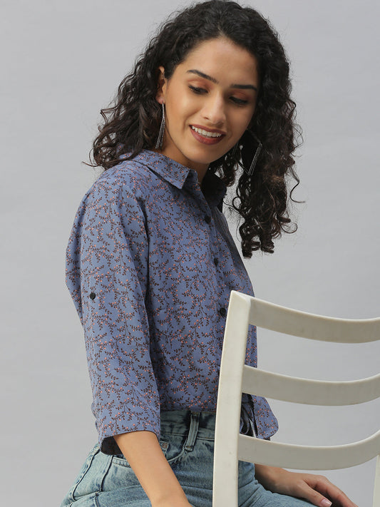 Women's Blue Comfort Floral Printed Casual Shirt