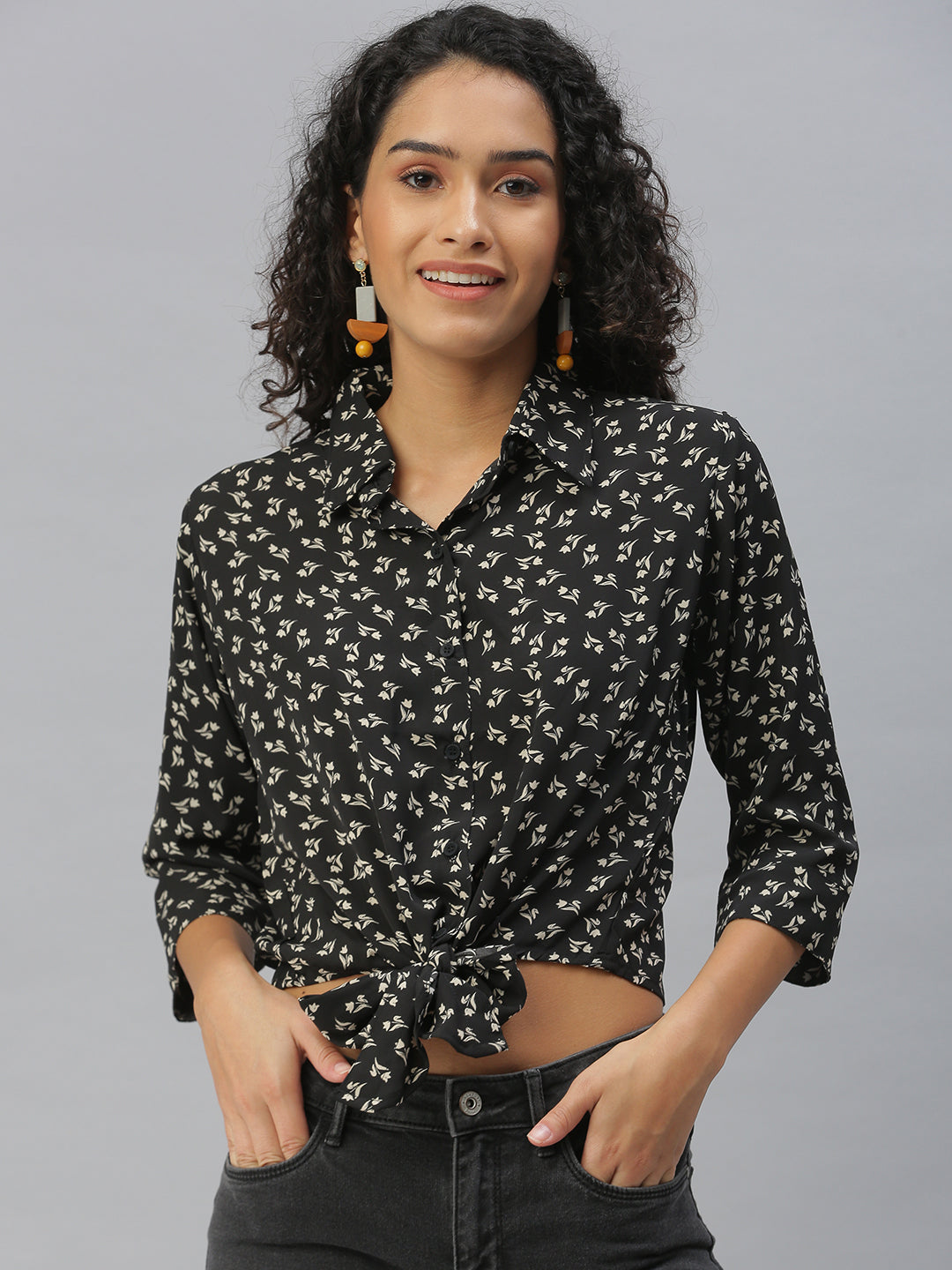Women's Black Comfort Floral Printed Casual Shirt