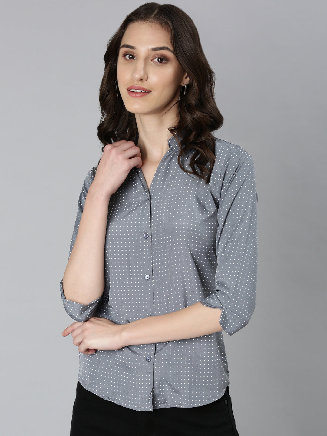 Women's Grey Polka Dot Printed Slim Fit Cotton Casual Shirt