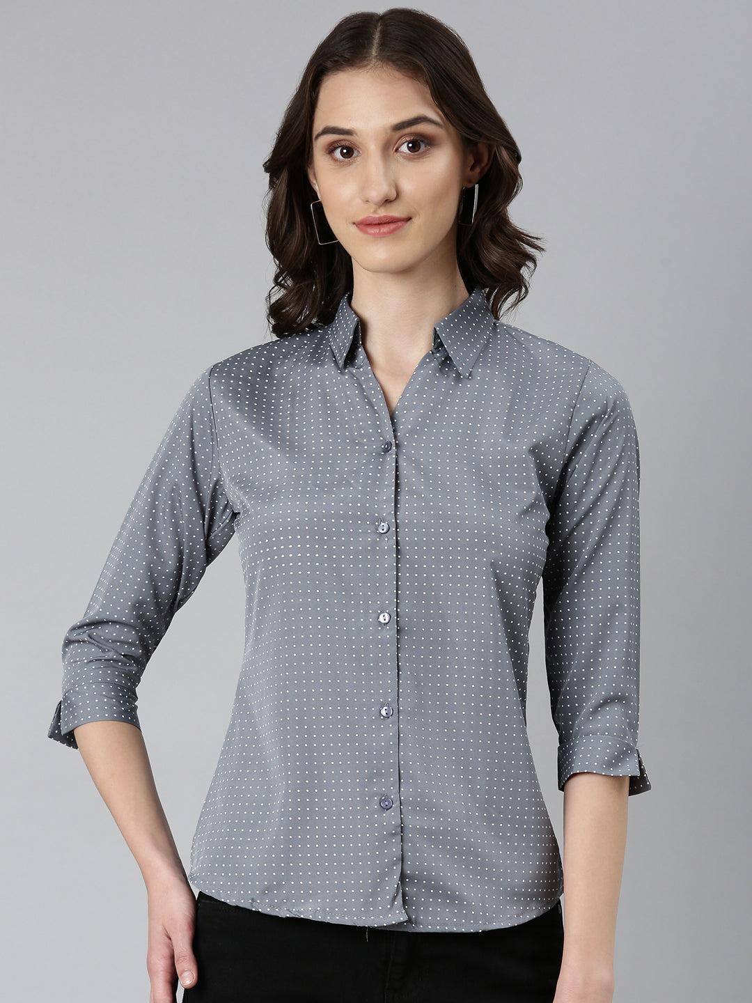 Women's Grey Polka Dot Printed Slim Fit Cotton Casual Shirt
