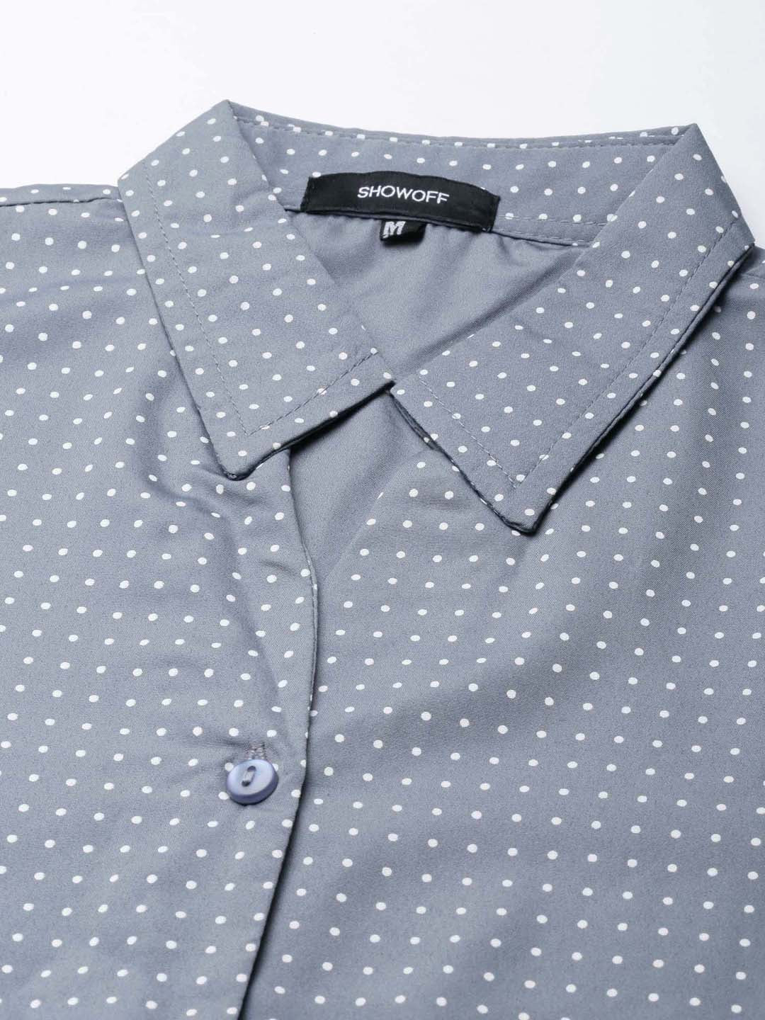 Women's Grey Polka Dot Printed Slim Fit Cotton Casual Shirt