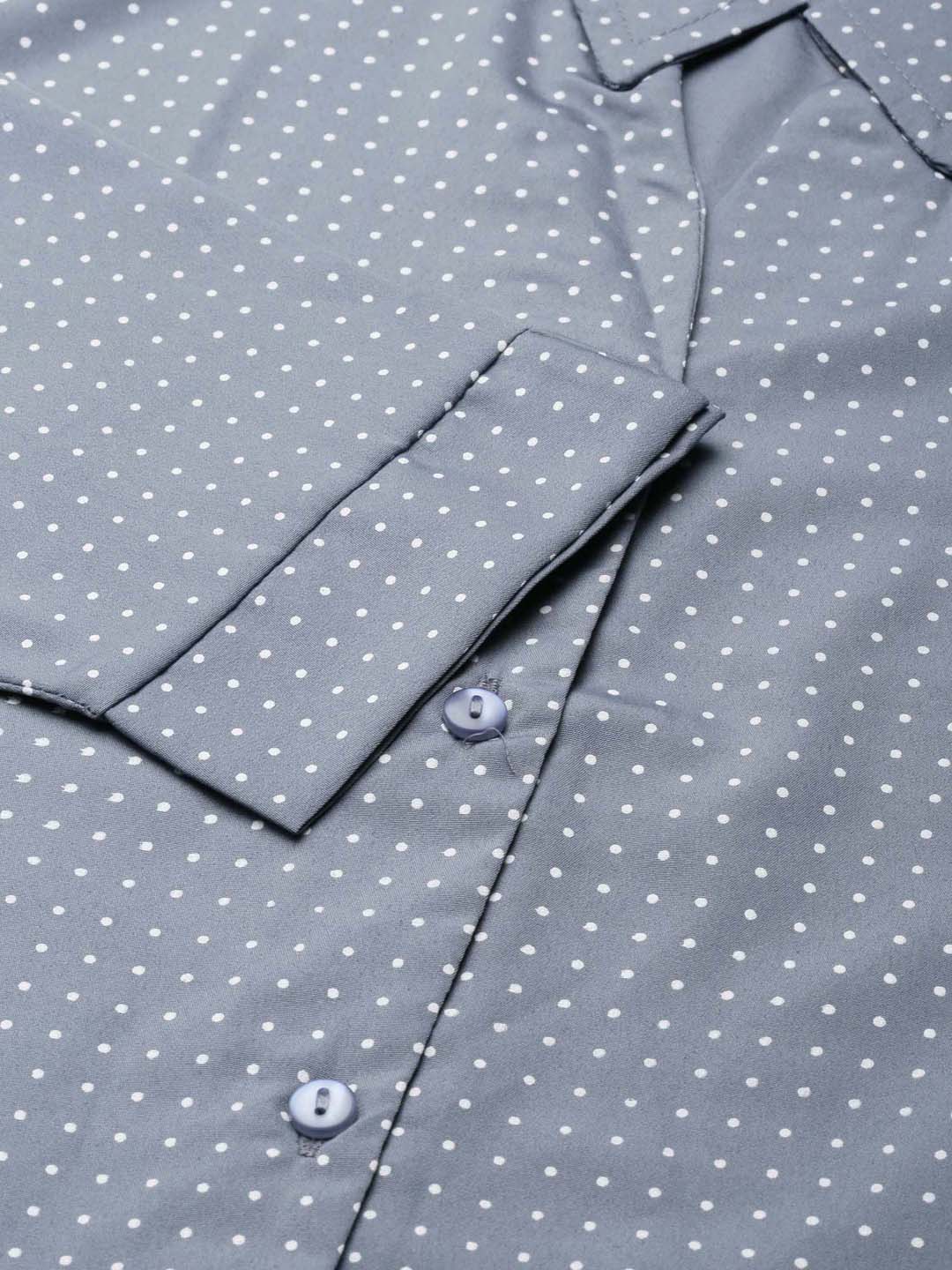 Women's Grey Polka Dot Printed Slim Fit Cotton Casual Shirt