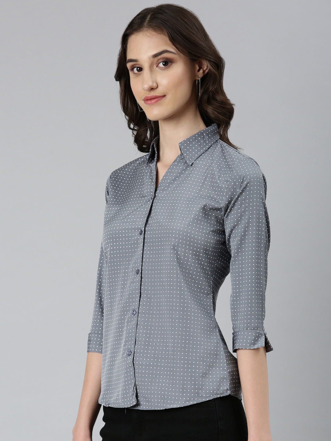 Women's Grey Polka Dot Printed Slim Fit Cotton Casual Shirt