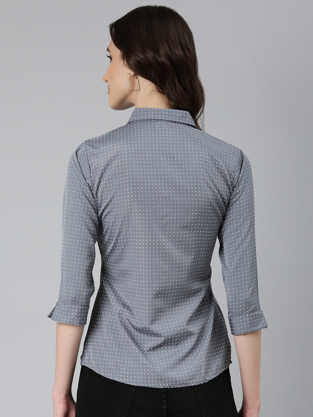 Women's Grey Polka Dot Printed Slim Fit Cotton Casual Shirt