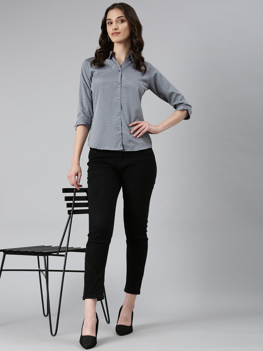 Women's Grey Polka Dot Printed Slim Fit Cotton Casual Shirt