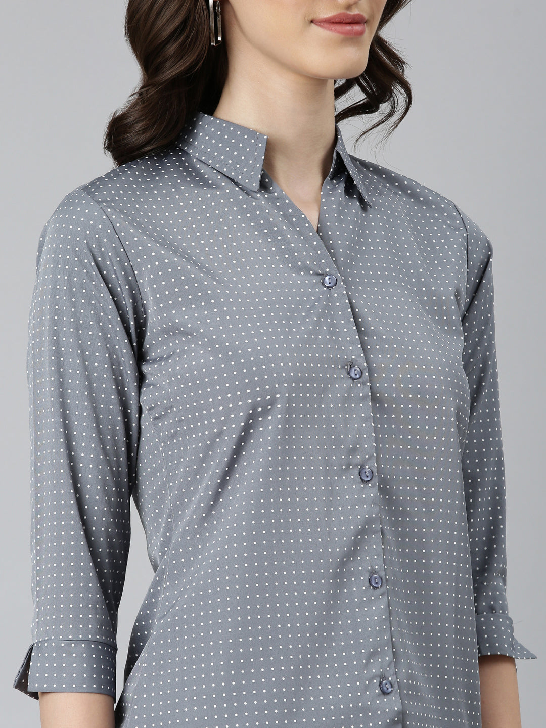 Women's Grey Polka Dot Printed Slim Fit Cotton Casual Shirt