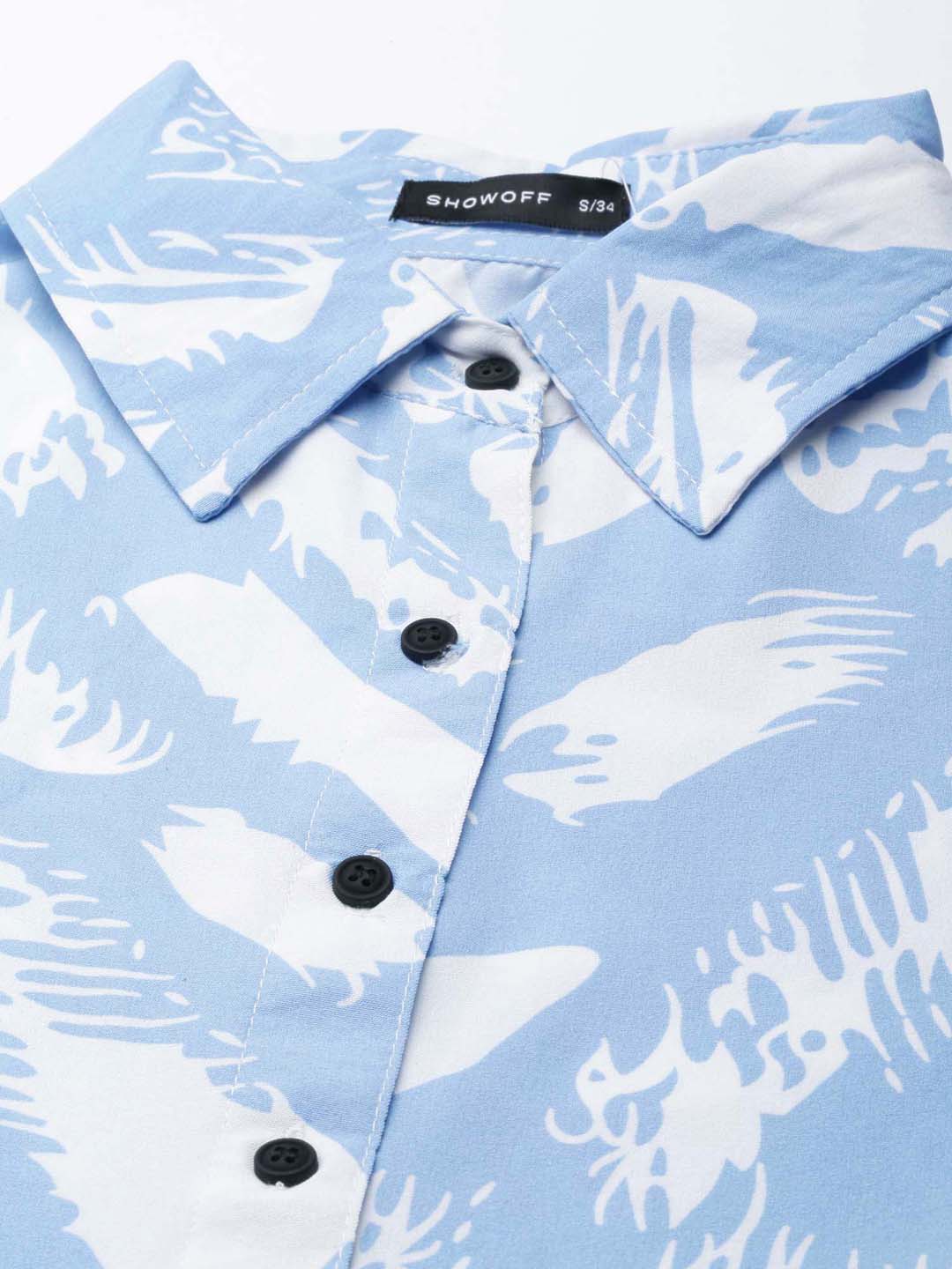 Women's Blue Slim Fit Abstract Printed Spread Collar Casual Shirt