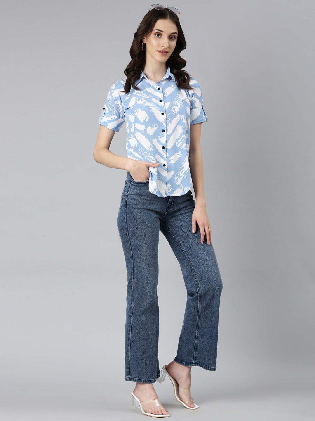 Women's Blue Slim Fit Abstract Printed Spread Collar Casual Shirt