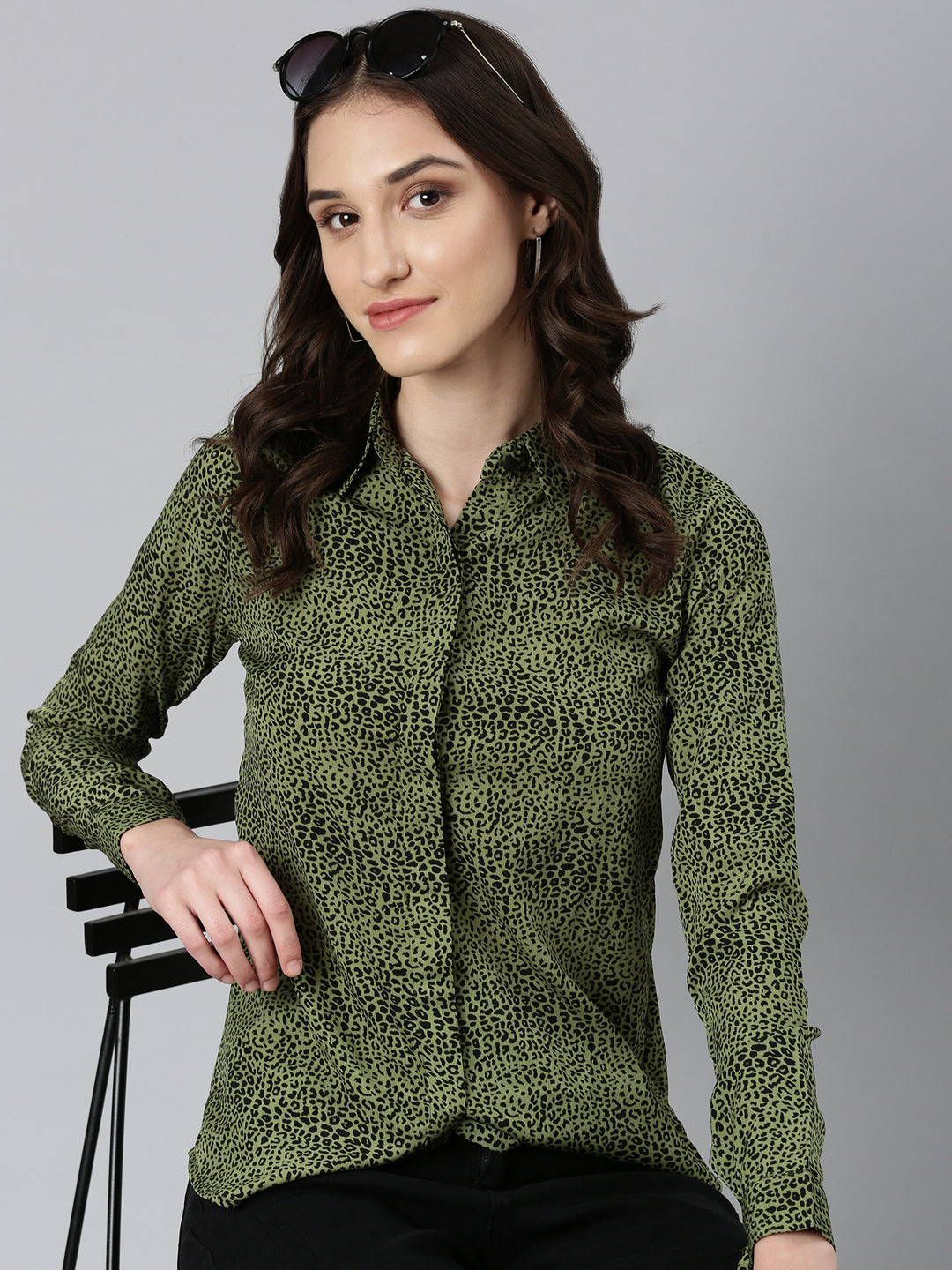 Women's Olive Slim Fit Animal Printed Casual Shirt