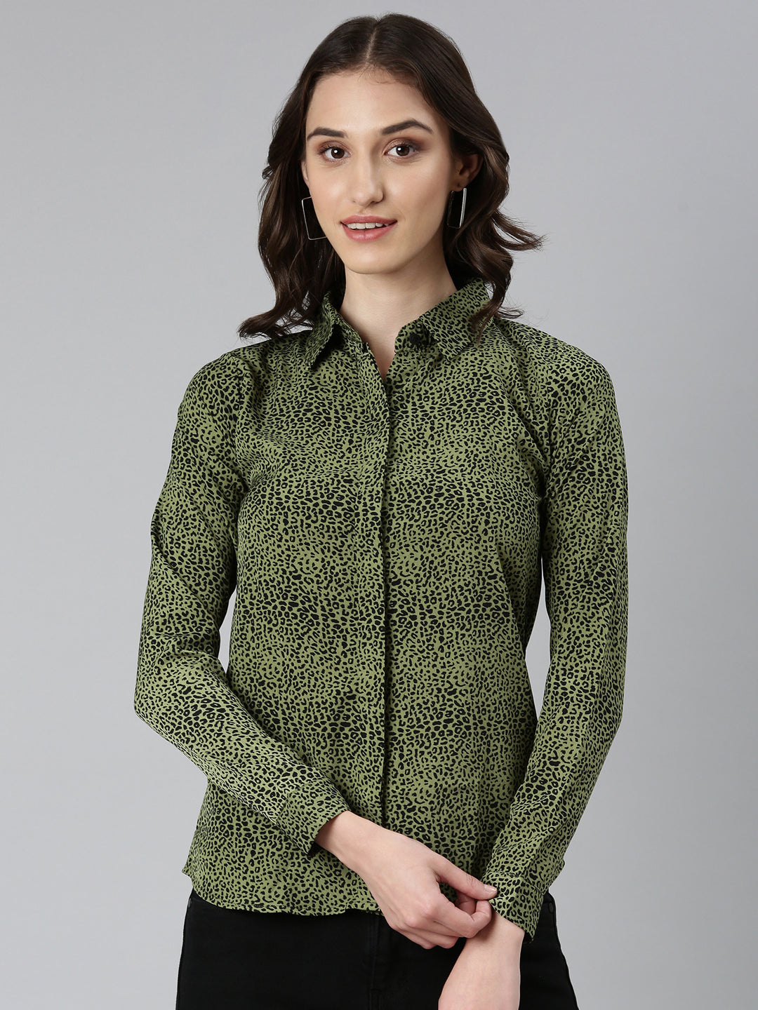 Women's Olive Slim Fit Animal Printed Casual Shirt