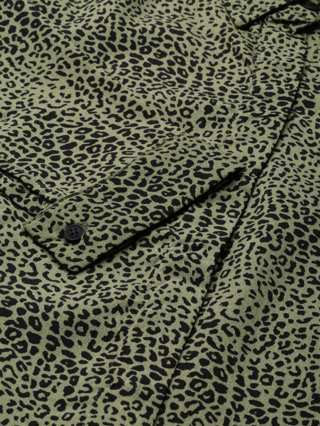 Women's Olive Slim Fit Animal Printed Casual Shirt