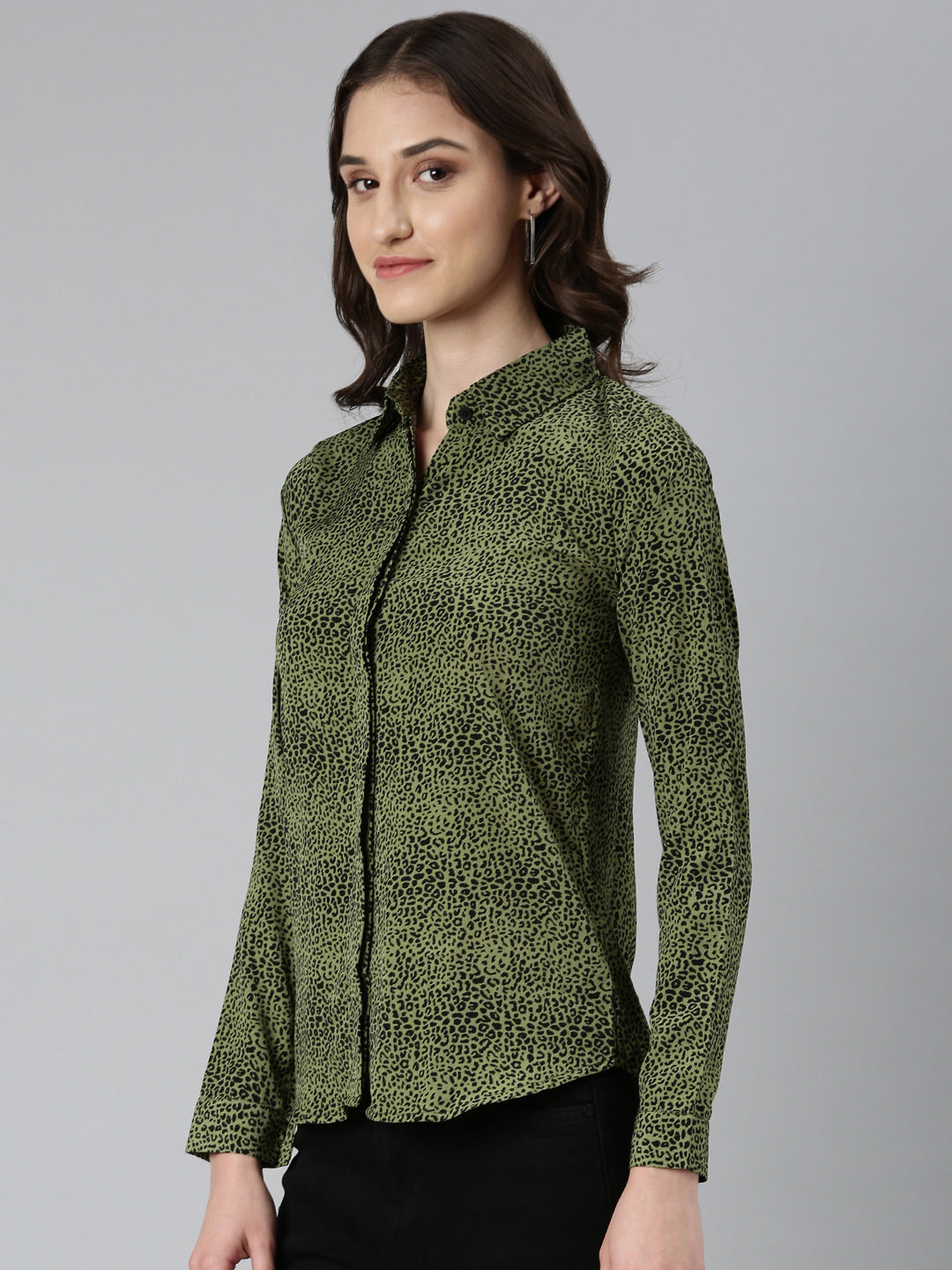 Women's Olive Slim Fit Animal Printed Casual Shirt