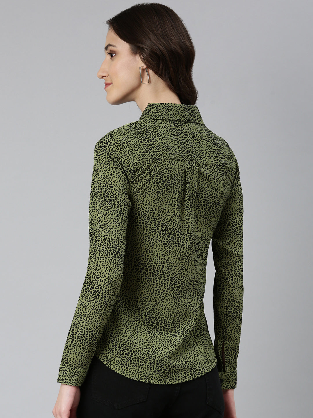 Women's Olive Slim Fit Animal Printed Casual Shirt
