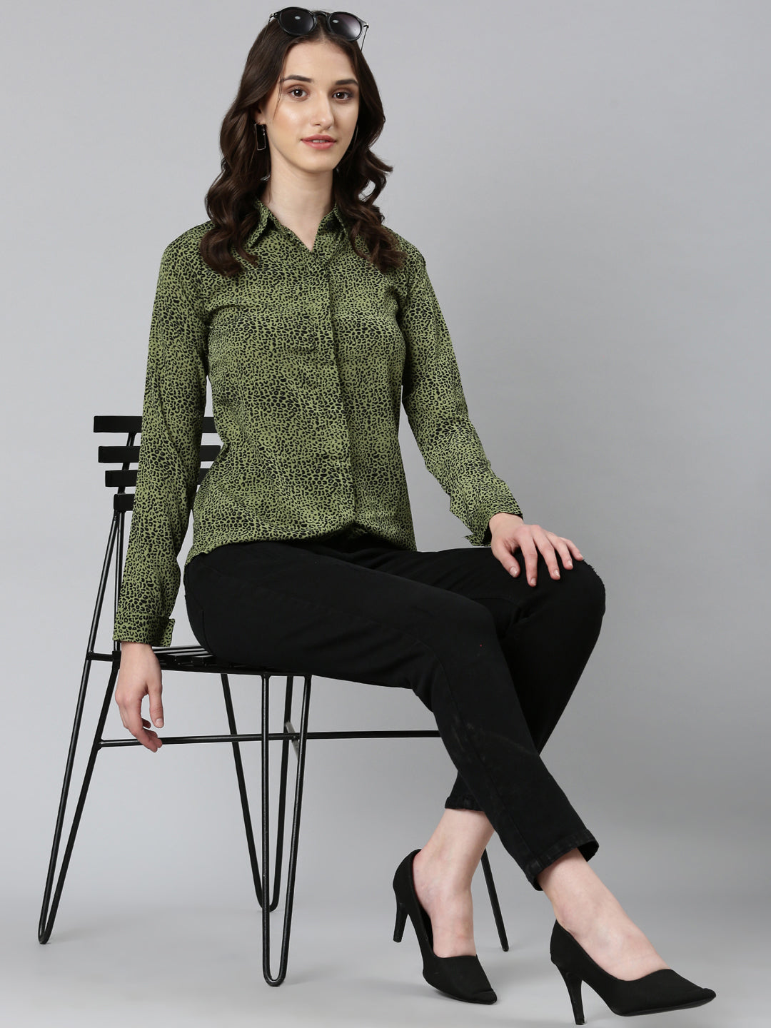 Women's Olive Slim Fit Animal Printed Casual Shirt