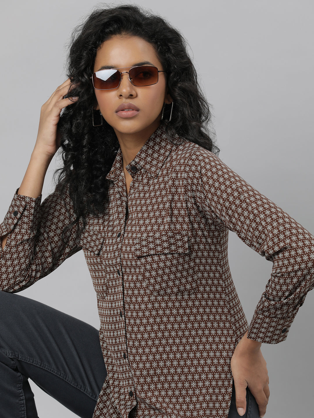 Women's Brown Slim Fit Geometric Printed Casual Shirt