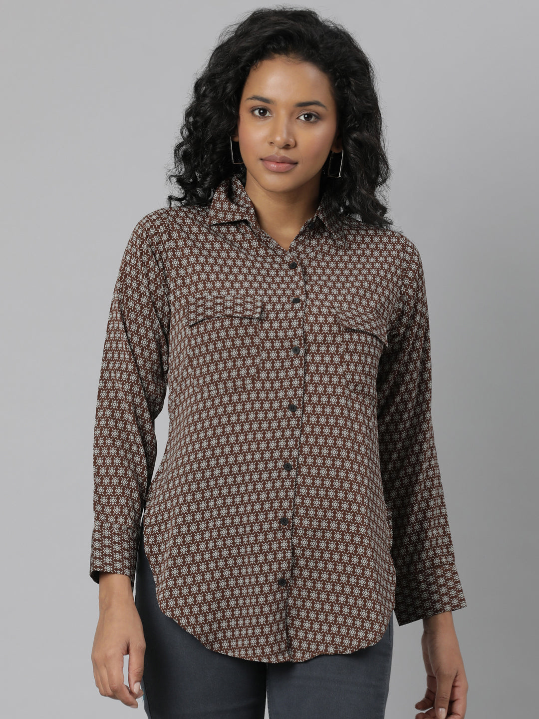 Women's Brown Slim Fit Geometric Printed Casual Shirt