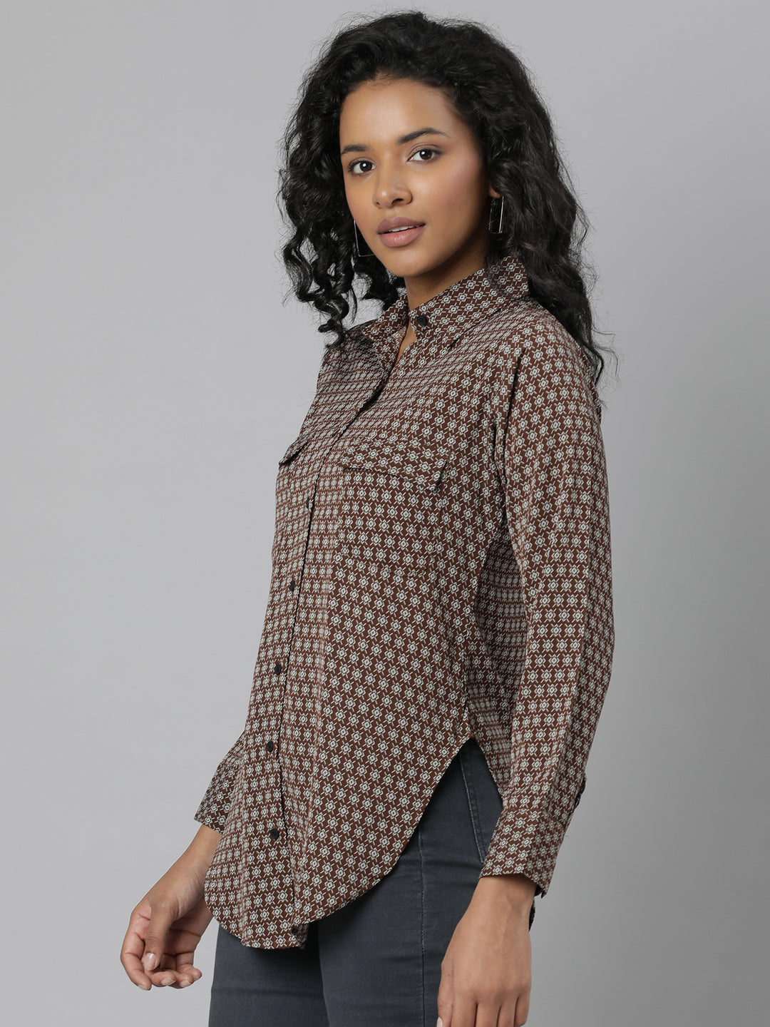 Women's Brown Slim Fit Geometric Printed Casual Shirt