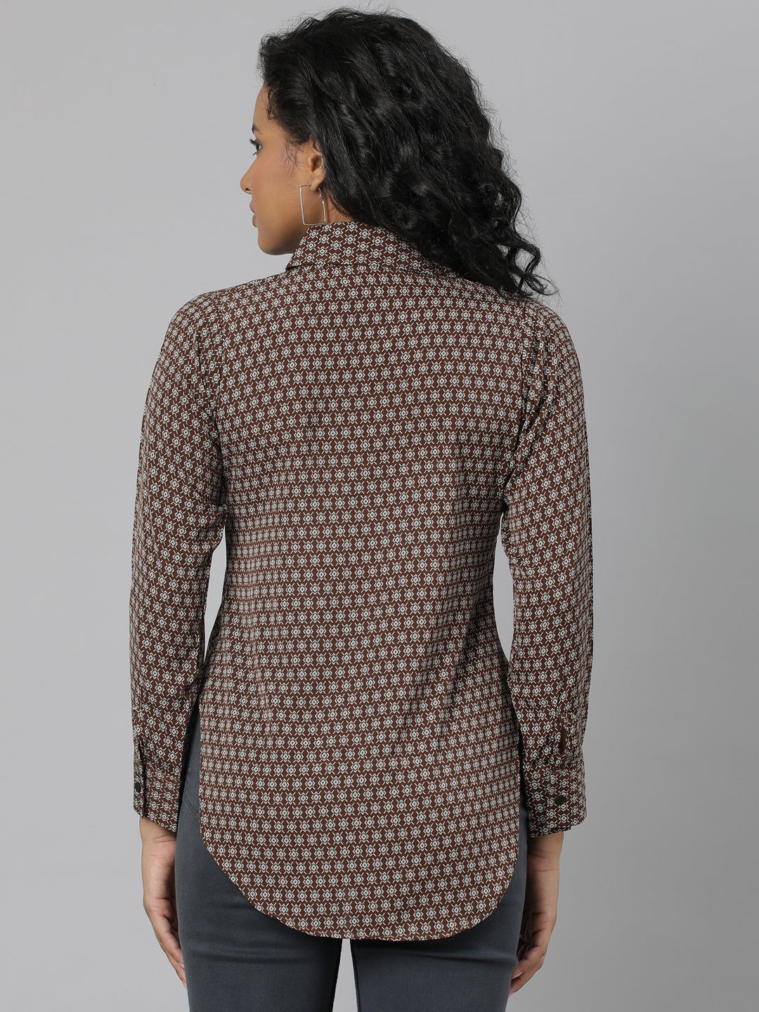 Women's Brown Slim Fit Geometric Printed Casual Shirt