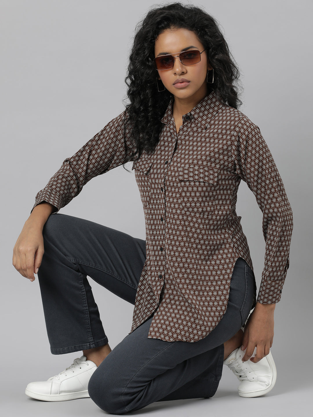 Women's Brown Slim Fit Geometric Printed Casual Shirt
