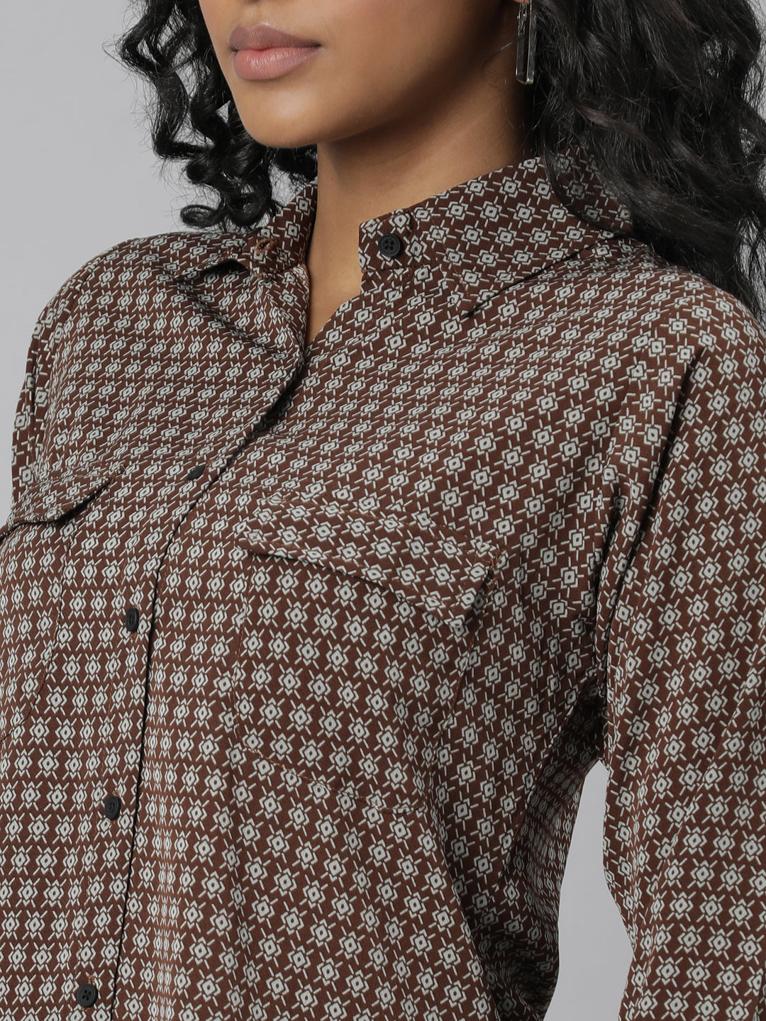 Women's Brown Slim Fit Geometric Printed Casual Shirt