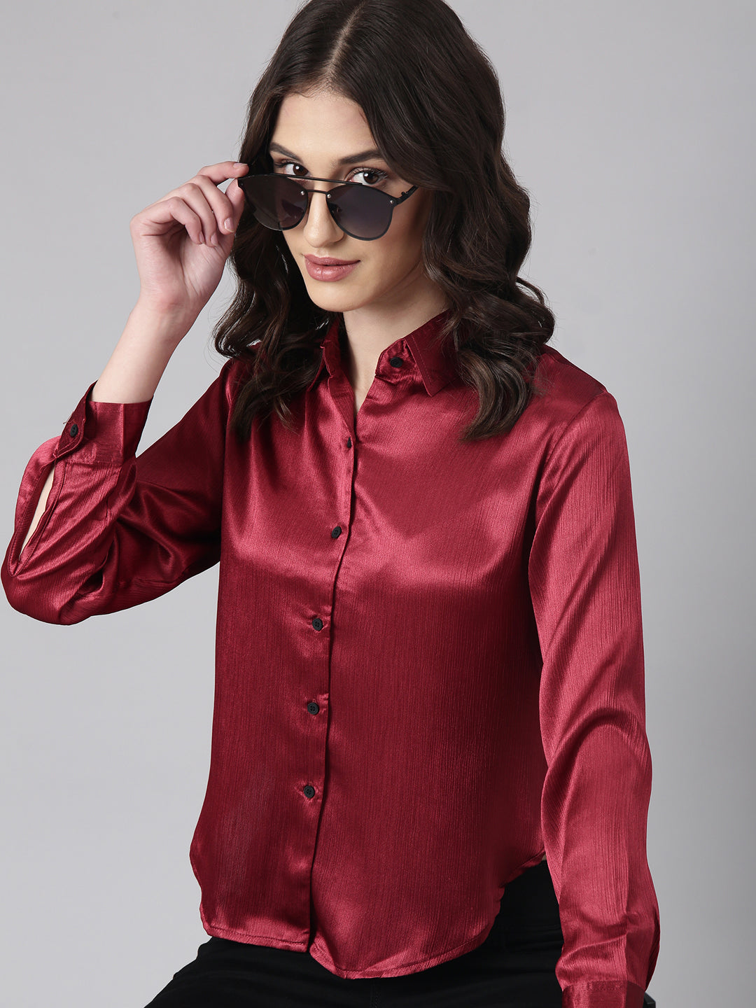 Women's Maroon Slim Fit Crepe Casual Shirt