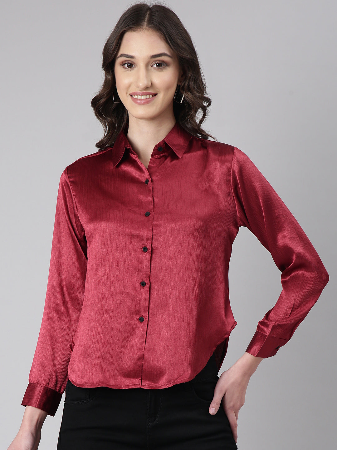 Women's Maroon Slim Fit Crepe Casual Shirt