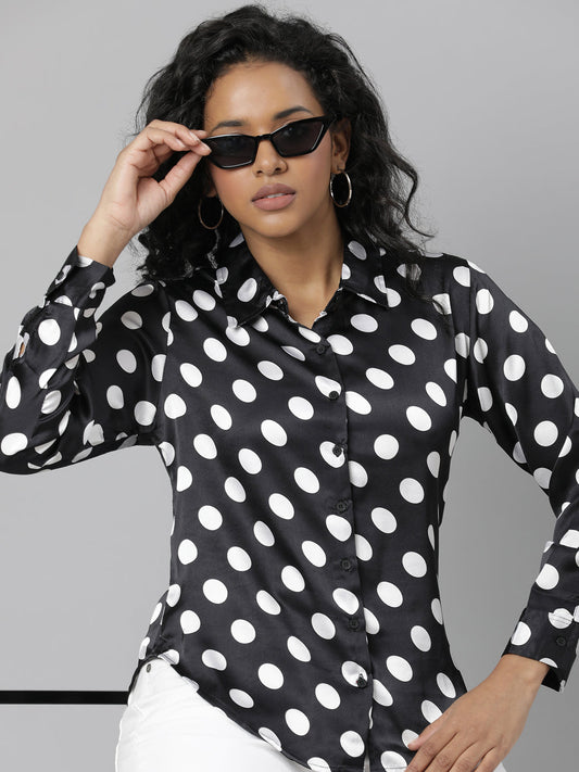 Women's Black Slim Fit Polka Dots Printed Satin Casual Shirt