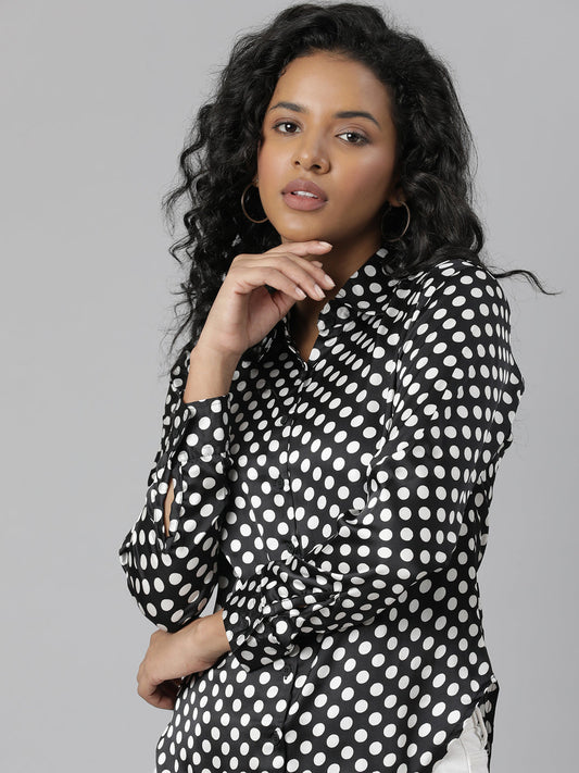 Women's Black Slim Fit Polka Dots Printed Satin Casual Shirt