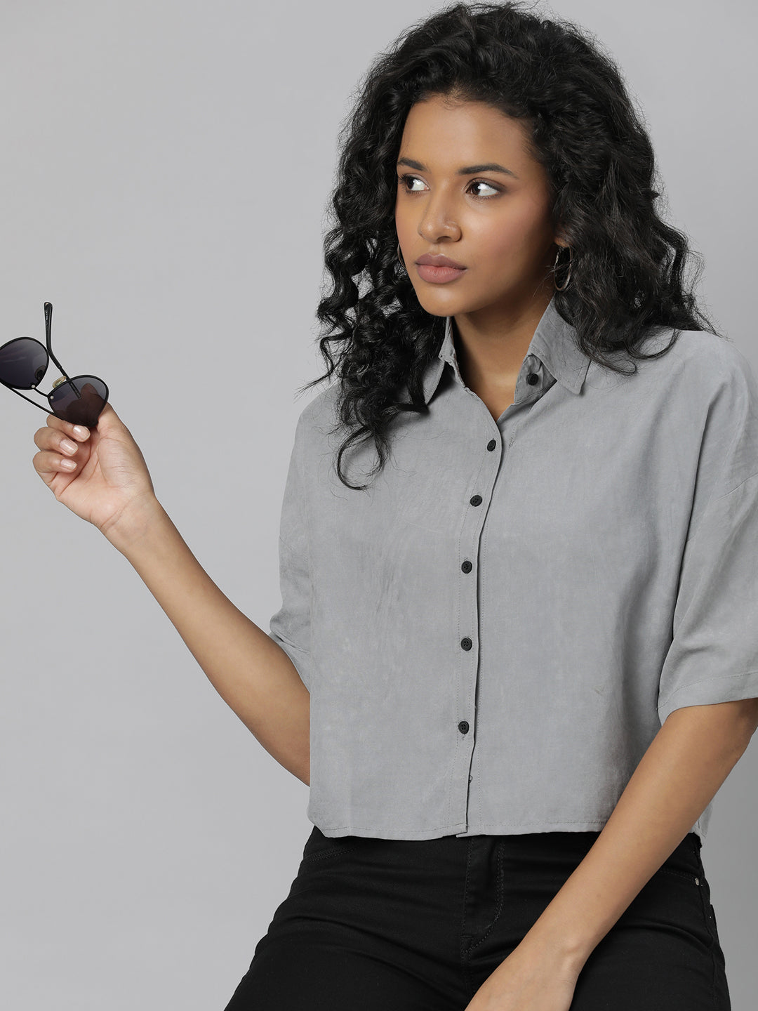 Women's Grey Boxy Cotton Casual Shirt